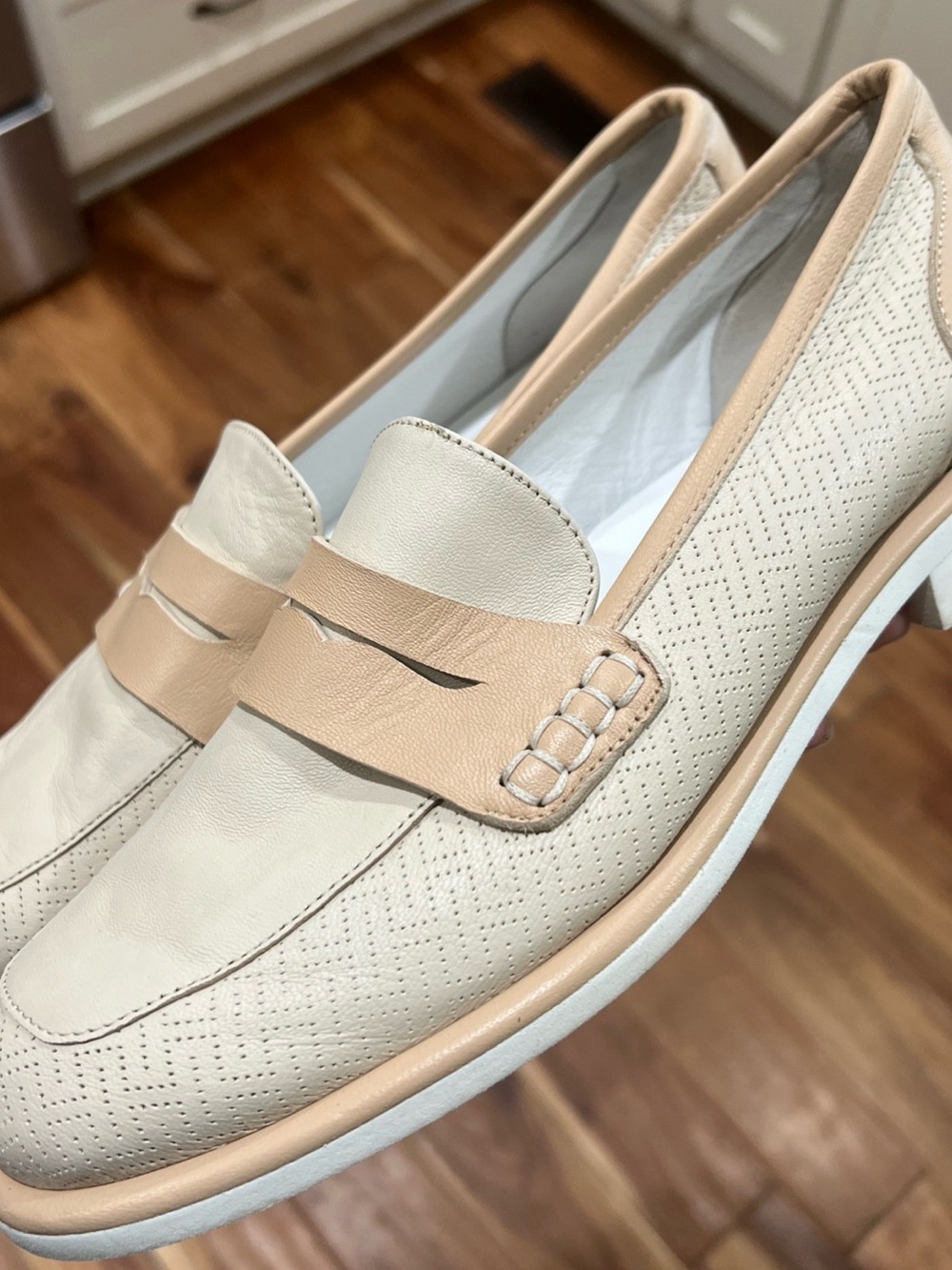 Sesto Meucci Cream and Tan Perforated Leather Penny Loafers